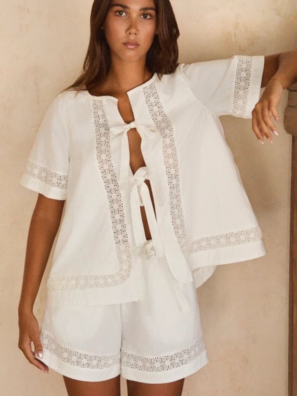 Piyama Giselle Tie Front Lace Trim Pajama Set with Shorts White Large